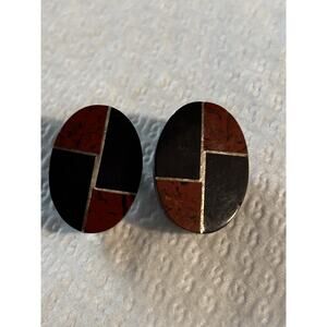 Vintage Taxco Mexico Sterling Silver Onyx Mahogany Obsidian Oval Clip Earrings